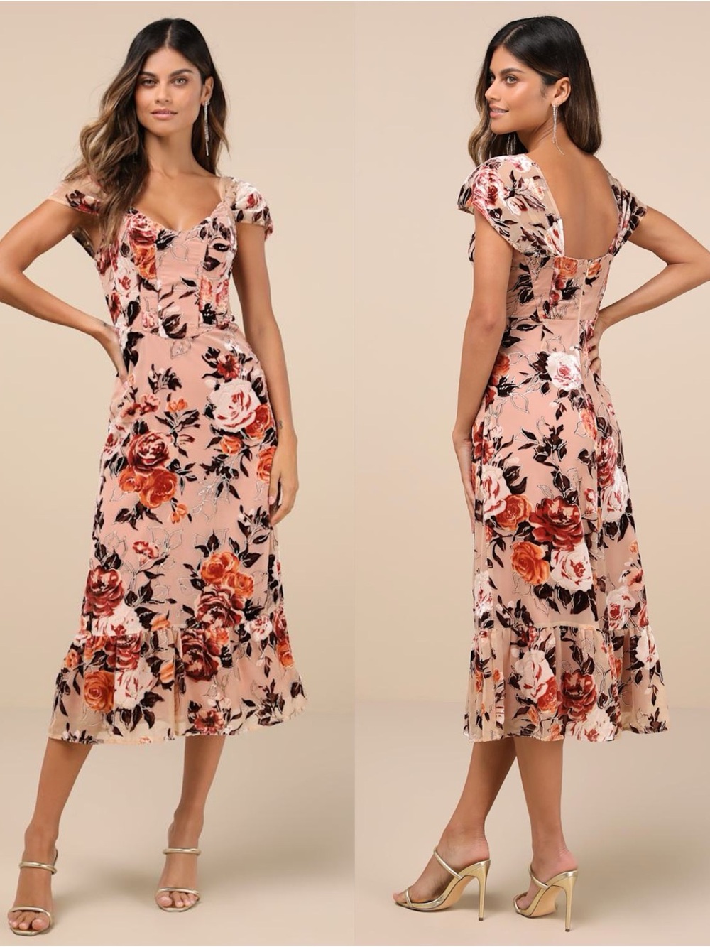 LULU’S Composed Beauty Blush Pink Burnout Velvet Floral Midi Dress - Picture 1 of 6